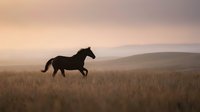 Wild horse galloping through golden grassland at sunset with dramatic sky and mountain silhouettes in background creating peaceful countryside atmosphere.