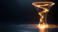 Glowing spiral light trails form elegant martini glass shape against dark background, creating luminous energy streams with golden reflections on surface.