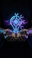 Hands holding glowing neon lightbulb with neural network connections and energy waves on dark background representing innovation and artificial intelligence.