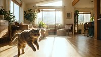 Adorable tabby kitten walking across sunlit hardwood floor in cozy modern living room with plants and natural light streaming through large windows.