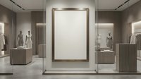 Modern luxury retail store interior with blank white poster frame for advertising mockup in elegant boutique showroom with marble displays and neutral decor.