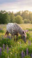 Spotted horse grazing in wildflower meadow at sunset with purple lupines and yellow blooms in peaceful countryside setting for equestrian and nature themes.