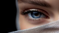 Close-up of young woman's striking blue eye with long eyelashes partially covered by knitted fabric scarf for beauty and fashion concepts.