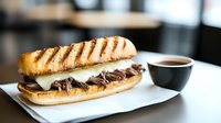 Grilled panini sandwich with tender sliced beef, melted provolone cheese on toasted artisan bread, served with au jus dipping sauce on white plate, restaurant setting.