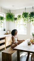 Young woman with dark curly hair, sitting at wooden table in bright kitchen with hanging plants, natural light from windows, relaxed home interior setting for lifestyle and wellness content.