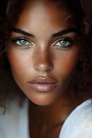 Close up portrait of young African American woman with green eyes, freckles and natural curly hair wearing neutral makeup and white sweater. Perfect for beauty campaigns.