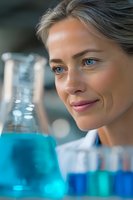 Mature female scientist with blue eyes and blonde hair examining laboratory glassware containing bright blue liquid chemicals in research facility.