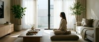 Young Asian woman practicing meditation in modern minimalist living room with natural light streaming through large windows and indoor plants.