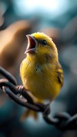 Yellow canary bird singing with open beak perched on metal wire against blurred background. Vibrant songbird portrait for nature and wildlife content.