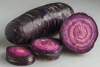 Fresh purple carrot sliced to show vibrant magenta interior rings and dark purple exterior skin on neutral background, macro food photography for culinary use.