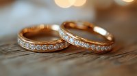 Elegant rose gold wedding bands with diamond pavé setting on wooden surface, captured with soft bokeh background creating romantic atmosphere.