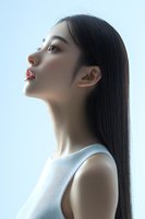 Young Asian woman with long black hair in profile view against light blue background, wearing white sleeveless top, expressing serenity and confidence.