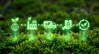 Green supply chain management icons glowing on moss background showing eco-friendly logistics from production to delivery for sustainable business.