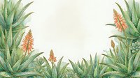 Watercolor aloe vera border frame with orange blooms on light background, copy space for text, nature botanical design.