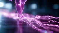 Glowing purple particle stream forming abstract digital wave pattern against dark background, representing data visualization or technology concept.