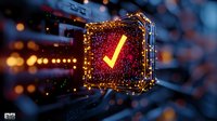 Glowing yellow checkmark symbol on red digital screen with bokeh light effects in dark background, futuristic technology concept for approval interface.
