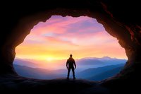 Silhouette of lone hiker standing in mountain cave entrance at sunrise, dramatic pink and orange sky over misty mountain ranges creates inspiring landscape.