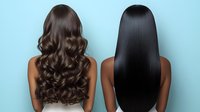 Two women showing different hairstyles from behind: long curly brunette waves and straight black hair against light blue background. Professional salon result comparison.
