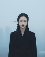 Young Asian woman with braided hair in black coat standing in misty fog atmosphere for fashion and lifestyle concepts.