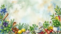 Culinary herbs and fresh vegetables arranged with cooking utensils on watercolor background, suitable for recipe blogs, cookbooks, and food-related design projects.