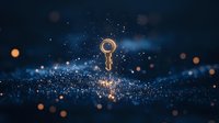 Glowing golden key floating in dark mystical space with sparkles and bokeh lights against blurred blue background. Concept of success and opportunity.