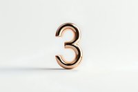 Metallic rose gold number three on white background with soft shadow, minimalist design for counting, anniversary, or ranking purposes. Isolated object.