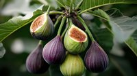 Fresh ripe purple and green figs growing on tree branch with detailed cross section showing sweet pink flesh surrounded by green leaves in natural sunlight.