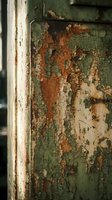 Weathered green paint peeling and cracking on old wooden door frame showing layers of rust and decay. Vintage texture background for restoration projects.