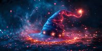 Magical glowing witch hat with sparkles and stardust against dark background, mystical blue and red colors creating enchanted fantasy atmosphere.