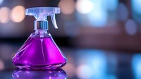 Purple spray bottle with liquid on reflective surface against blurred bokeh background in blue tones. Clean modern design for cosmetic and household products.