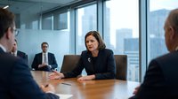 Professional businesswoman leading corporate meeting in modern conference room with city skyline view through large windows.