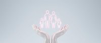 Hands holding glowing neon family icon with parents and children silhouettes, representing care, protection, and togetherness for family services and insurance concepts.