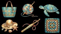 Crochet and summer beach set with tote bag, yarn ball, sea turtle, straw hat, hook, and granny square, isolated on transparent background for clipart and stickers.