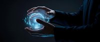 Businessman hands holding glowing blue energy sphere with digital light effects on dark background for technology and innovation concepts.