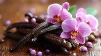 Aromatic vanilla pods with fresh pink orchid flowers on rustic wooden background, natural spices and exotic floral composition for culinary and spa concepts.