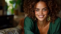 Young African American woman with natural curly hair wearing emerald green blouse and gold earrings smiling warmly at camera against blurred background.