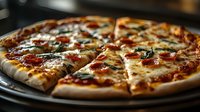 Fresh margherita pizza with melted mozzarella, tomato sauce, and basil leaves on dark background, close-up view showing crispy crust and steaming cheese.