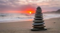 Balanced stone cairn on sandy beach at sunset with dramatic orange sky and ocean waves creating peaceful meditation and mindfulness concept for wellness.