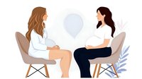 Female doctor consulting with pregnant patient during prenatal checkup, both seated in modern chairs against soft pink background with decorative plants.