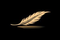 Golden feather silhouette floating with shadow on black background, isolated design element for luxury branding and decorative purposes.