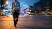 Professional businessman walking through modern city with digital financial charts and data analytics overlay representing business growth and market trends.