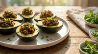 Halved avocados topped with seasoned ground meat and fresh herbs, arranged on a white plate for an appetizer or light meal option.