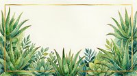 Watercolor aloe vera and succulent plants framing a golden rectangle border with copy space on a light background.