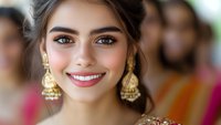 Young South Asian woman wearing traditional gold jhumka earrings and festive attire smiles warmly at camera, showcasing natural makeup and radiant expression.