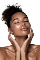 Young African American woman with natural curly hair updo, glowing skin, and closed eyes touching face gently against white background, expressing serenity and skincare concept.