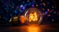 Glowing vintage Edison bulb with AI filament text on wooden surface against colorful bokeh lights background for technology and innovation concepts.