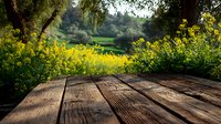 Rustic wooden table surface with yellow wildflower meadow and trees in soft focus background, natural outdoor setting for product display.