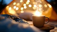 Steaming coffee cup on cozy blanket with warm bokeh lights in background creates atmospheric evening mood, perfect for relaxation and comfort themes.