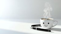 Cute white coffee mug with smiley face and steam sits on clean desk with black pens, creating cheerful workspace atmosphere for morning productivity and office motivation.