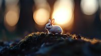 Tiny white rabbit silhouette on mossy ground against golden sunset bokeh background creates magical forest atmosphere, evoking fairy tale and nature storytelling mood.